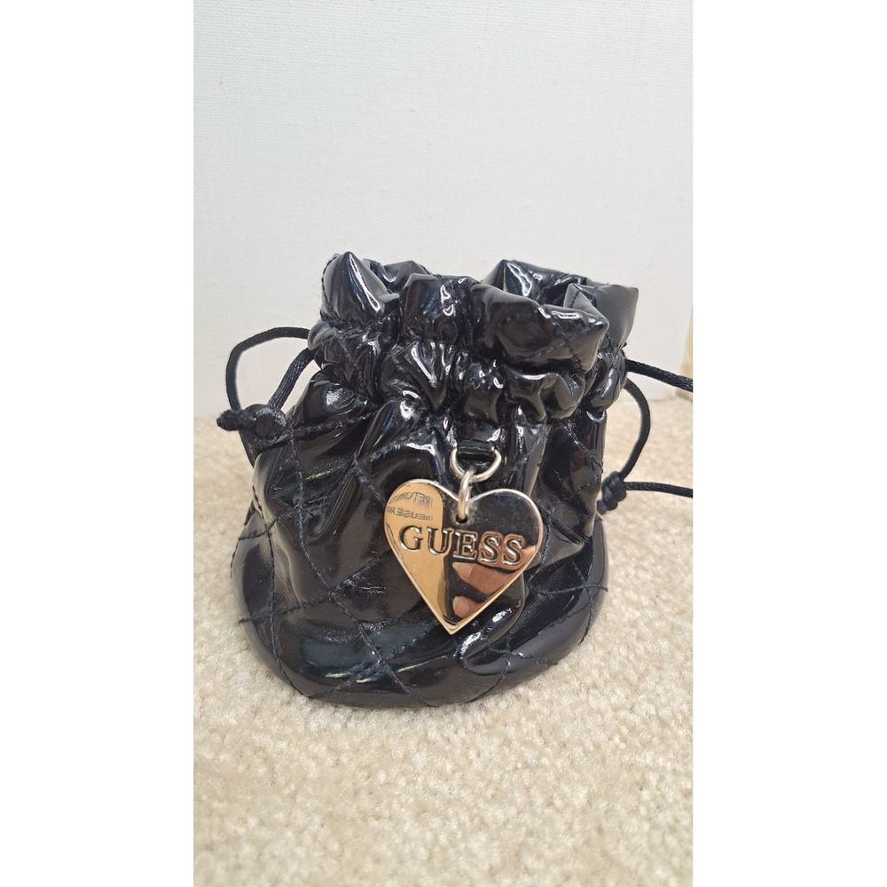 GUESS Black Quilted Patent Leather Mini Drawstring Pouch Bag Silver Heart Charm